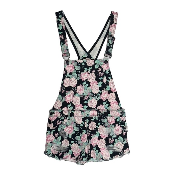 Forever 21 Rose Floral Print Distressed Premium Denim Overalls Size 27 - Picture 1 of 8